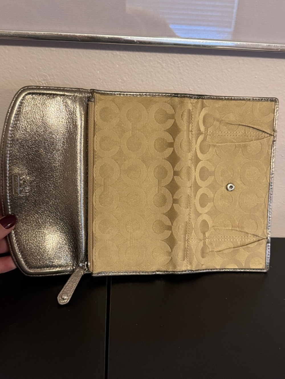 Coach Metallic Silver and Khaki Signature Continental Wallet - Picture 12 of 13